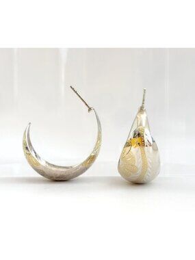 Tapered Chunky Sterling Dual Silver & Gold Floral 925 Hoop Vintage Earrings